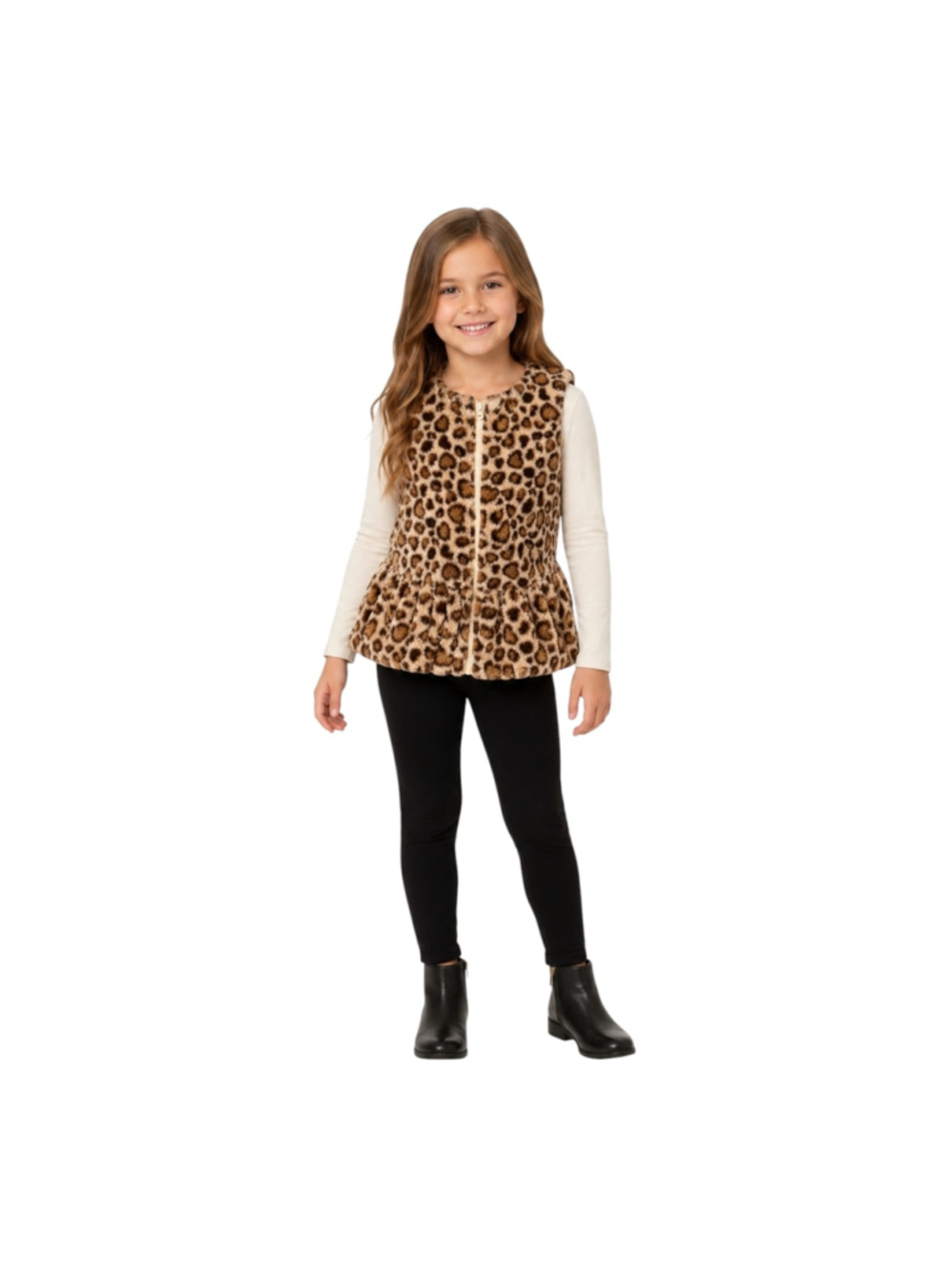 Rachel Zoe Girls Leopard Faux Fur Peplum Zip Vest Size 7/8